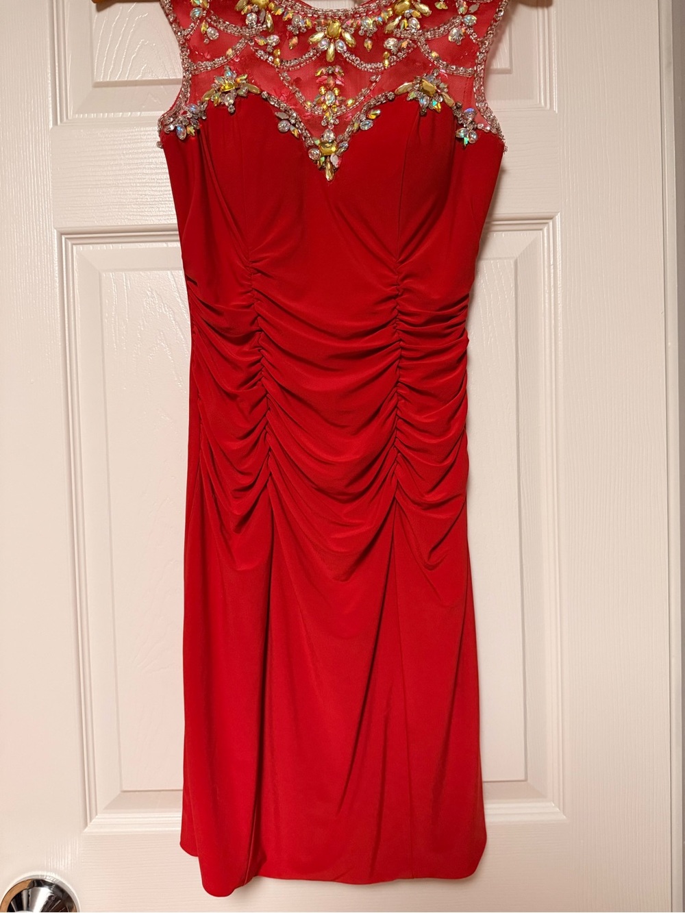 Embellished Red Midi Dress with Sheer Jeweled Yoke